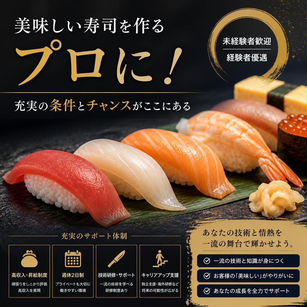 美味しい鮨を作るプロに！充実の条件とチャンスがここにある