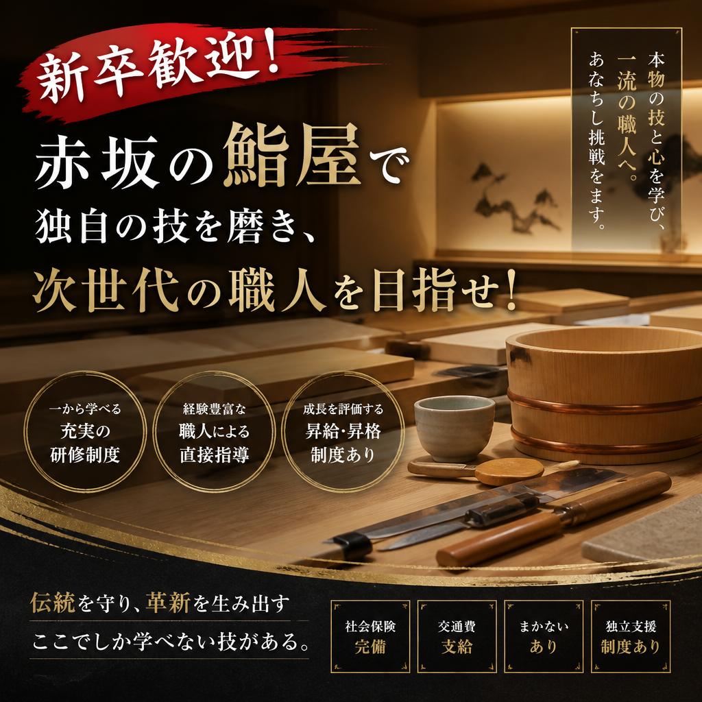 新卒歓迎！赤坂の鮨屋で独自の技を磨き、次世代の職人を目指せ！